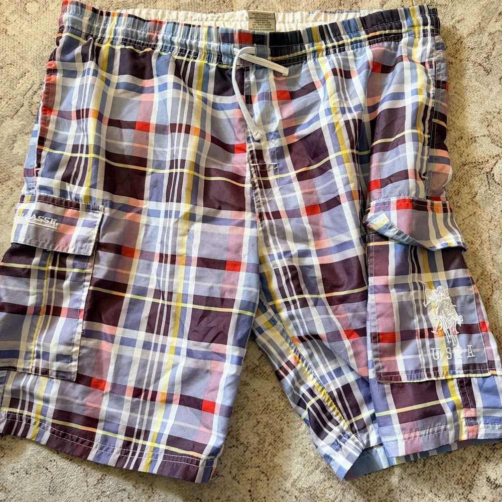 US Polo Assn Mens Plaid Swim Trunks X Blue Red Cargo Board Shorts